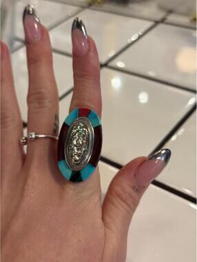 Zuni Silver Inlay Ring Abalone Turquoise Wood Coral Harry Bert Native jewelry
